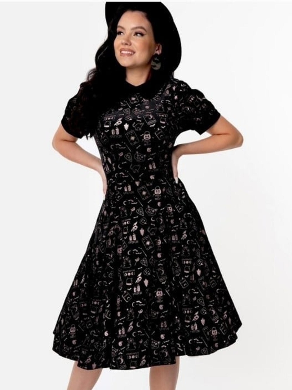 Collectif Black Midi Fit-and-Flare Dress with Pink Witchy Print